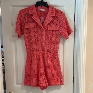 Hyfve boutique brand Coral Crochet Button-Up Romper large NWT